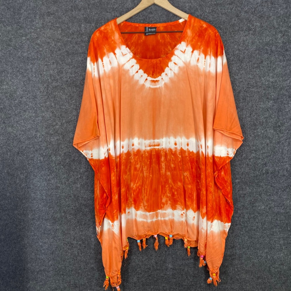 Jackpot Orange Tie Dye Poncho Top Beaded Tassel Hem Free Size Rayon Boho Kaftan